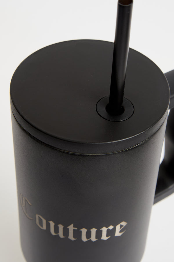 Displays the Black 'juicy' branded steel tumbler with straw 