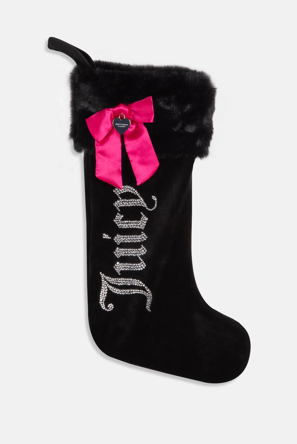 Displays the Black 'Juicy' branded Diamanté velour stocking 