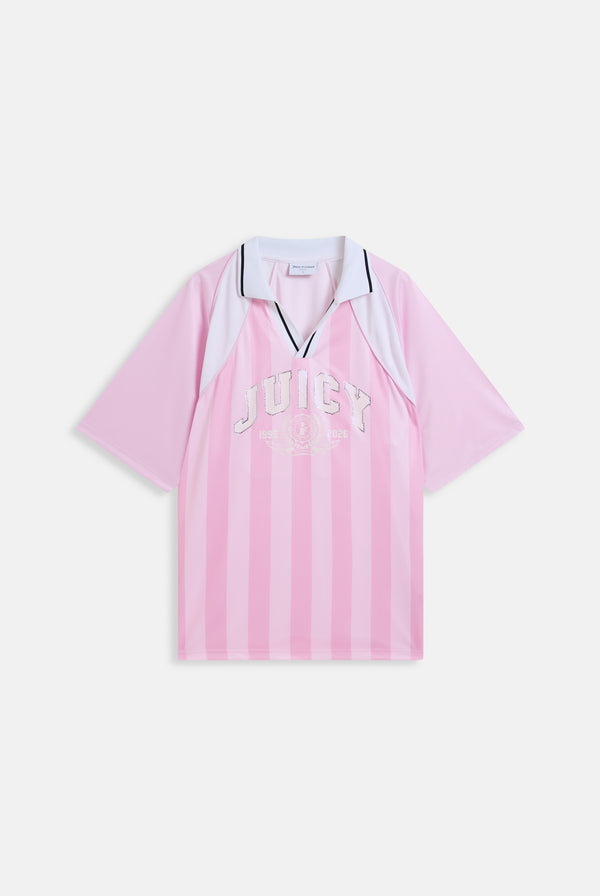 Displays the Cherry Blossom 'Juicy' branded football polo shirt