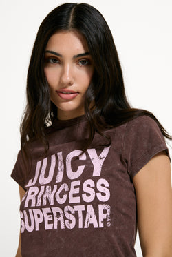 Displays a model wearing the Java 'Juicy' branding Princess Superstar Washed T-Shirt