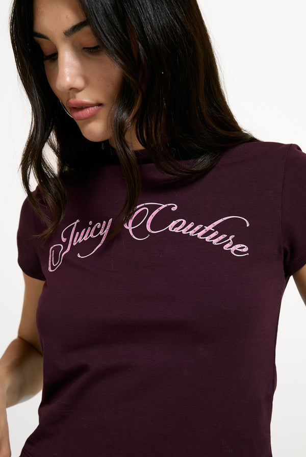Displays a model wearing the Winetasting 'Juicy' branded Script Baby T-Shirt