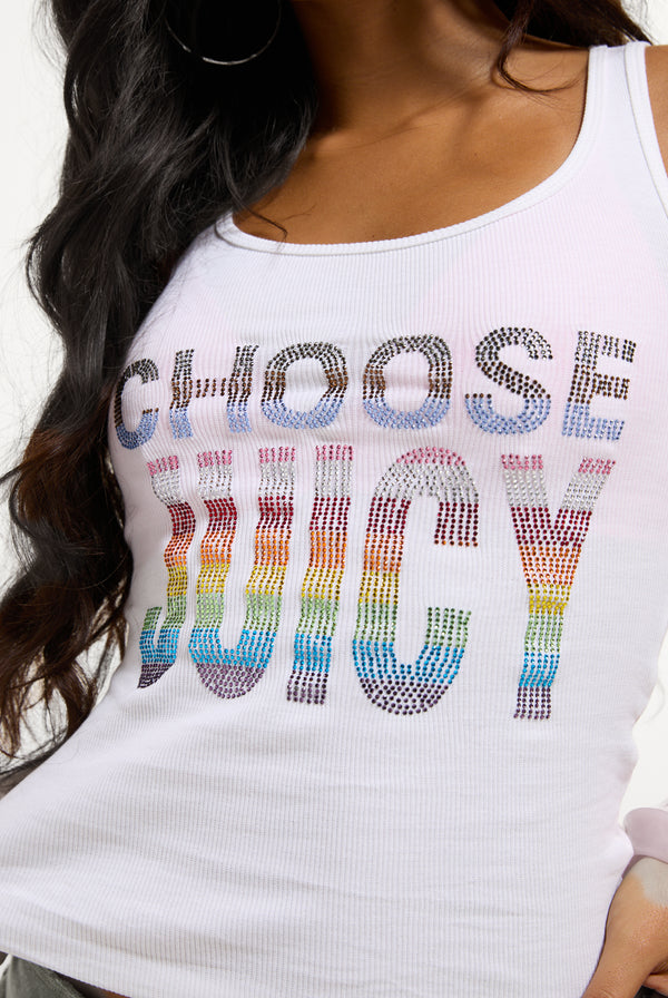 Displays a model wearing the White 'Juicy' branded Choose juicy vest top 