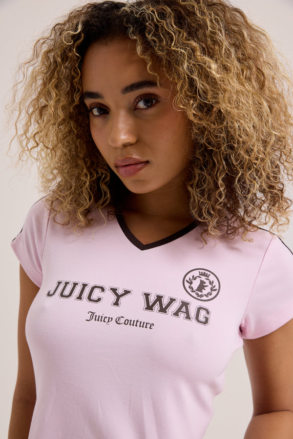 Displays a model wearing the Cherry Blossom 'Juicy' branded juicy wag v neck t-shirt 