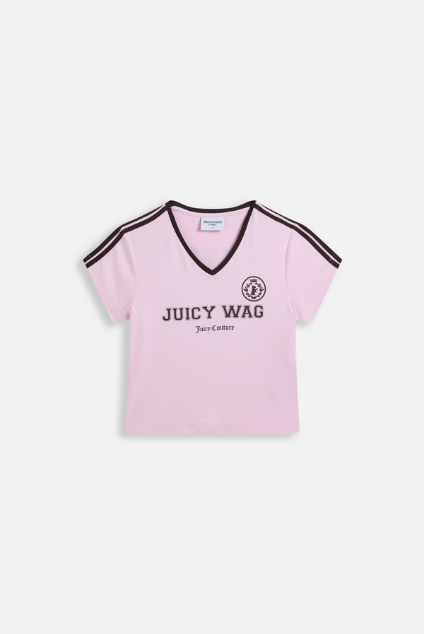 Displays the Cherry Blossom 'Juicy' branded juicy wag v neck t-shirt 
