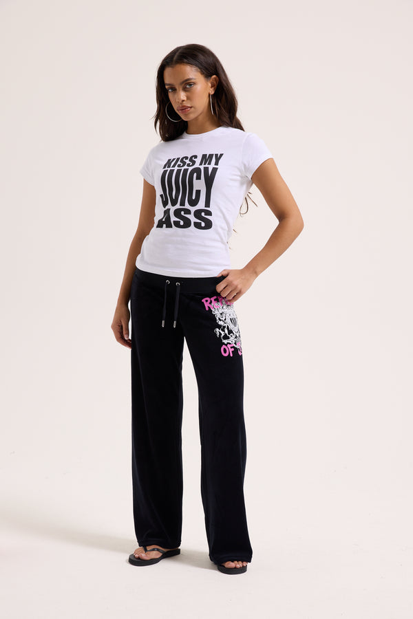 Displays a model wearing the White 'Juicy' branded KISS MY JUICY tee 
