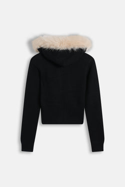 Displays the Black 'Juicy' branded Knitted Fur Trim Hoodie