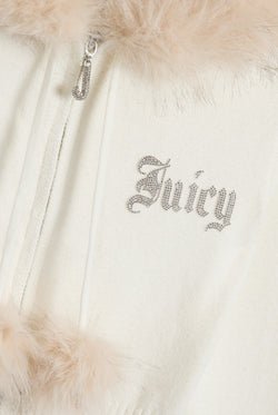 Displays the Cream 'Juicy' branded Knitted Fur Trim Hoodie featuring the juicy branding 