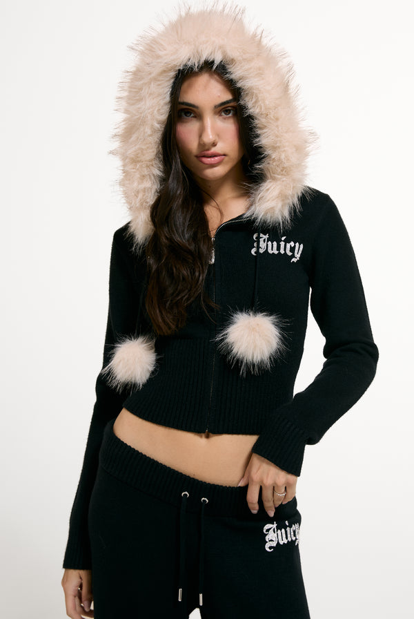 Black Knitted Fur Trim Hoodie