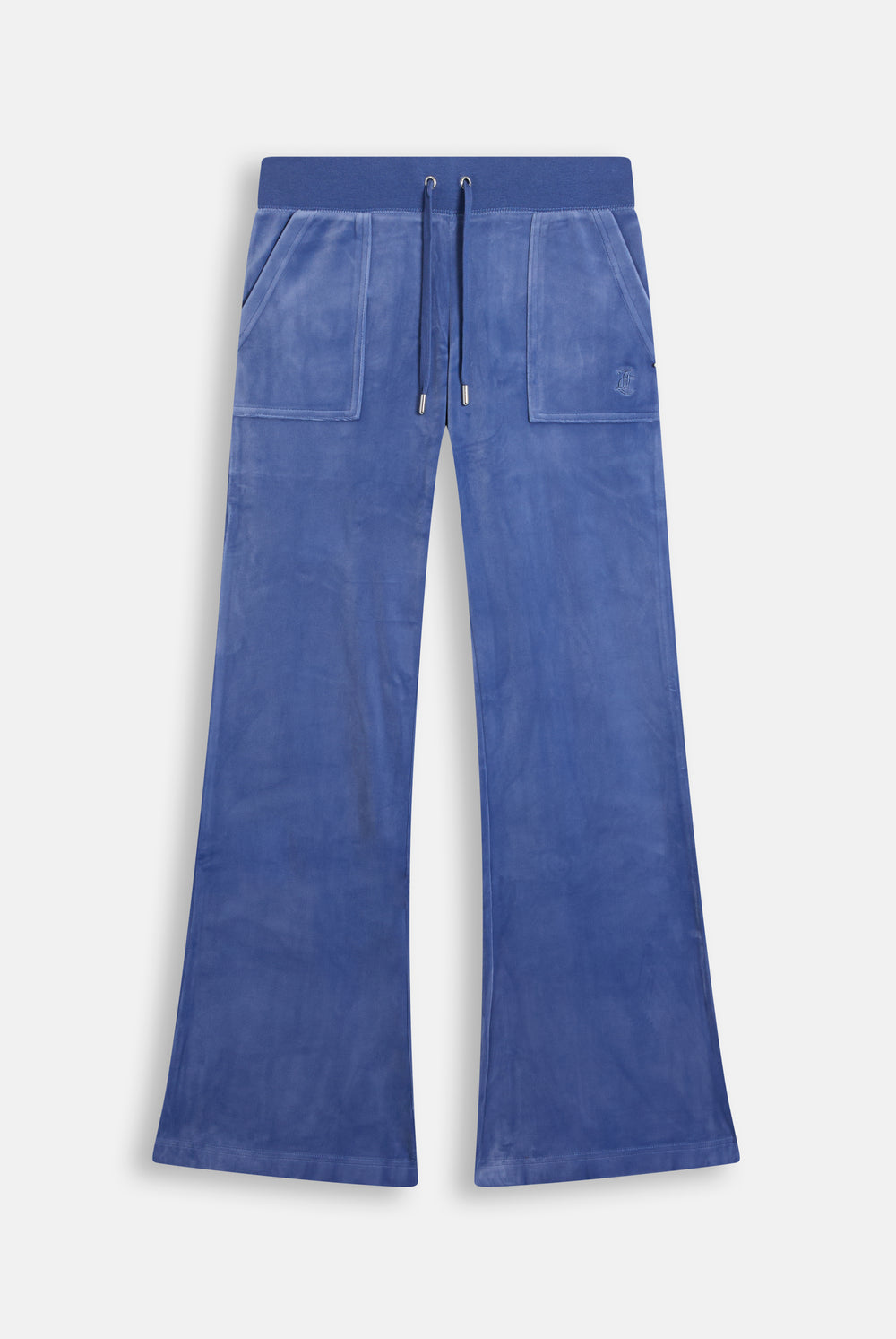 Displays a model wearing the Grey&blue 'Juicy' branded Low Rise Flare Classic Velour Track Pant