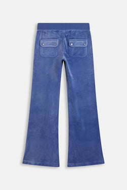 Displays a model wearing the Grey&blue 'Juicy' branded Low Rise Flare Classic Velour Track Pant