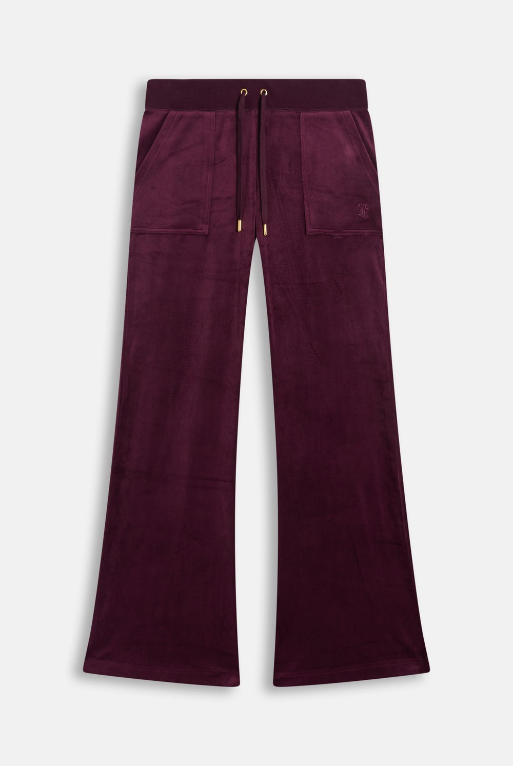 Displays the Winetasting & Gold 'Juicy' branded Low Rise Flare Classic Velour Track Pant