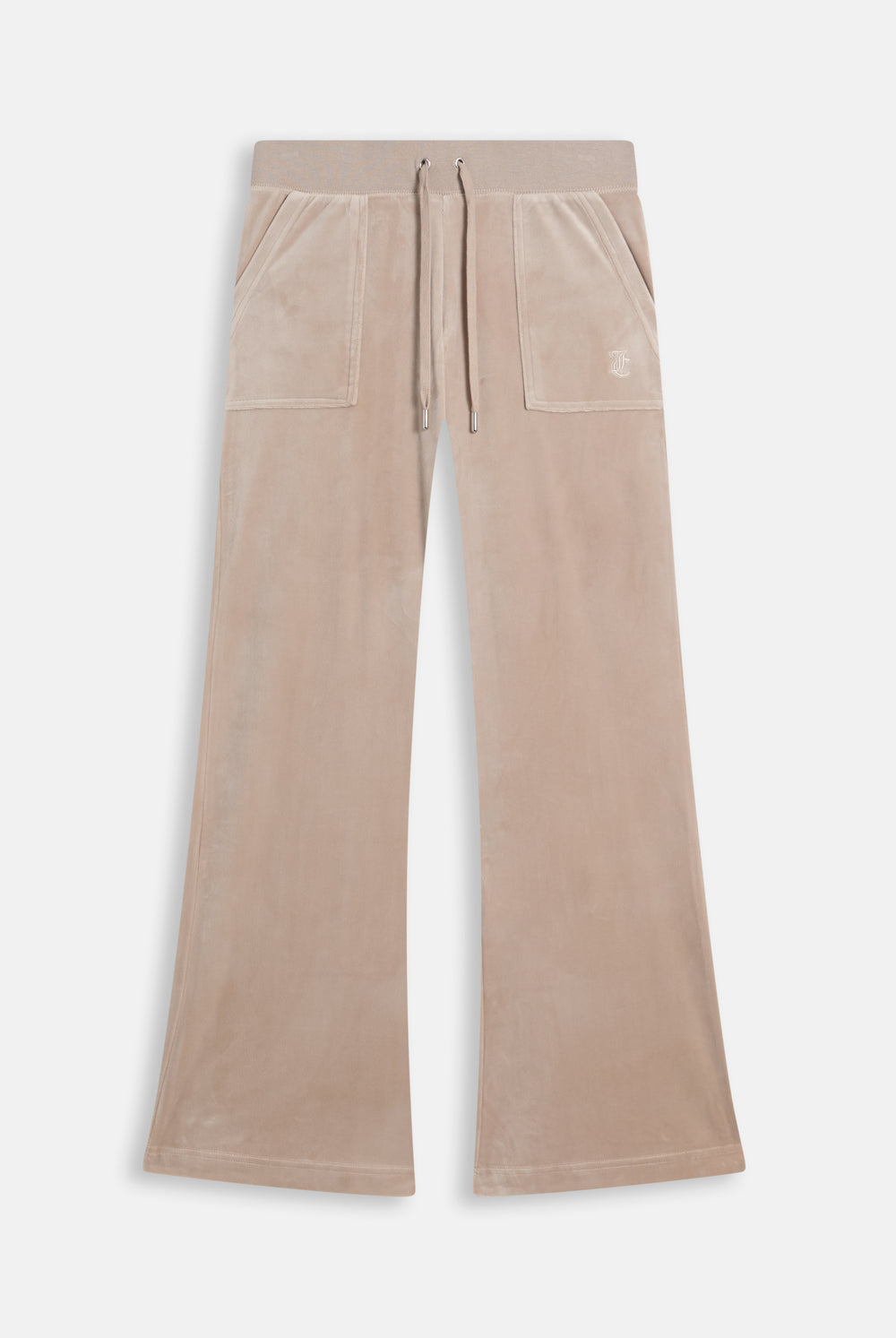 Displays the String 'Juicy' branded low rise flare pocket classic velour track pant 