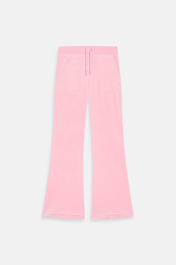 Displays the Juicy Pink 'Juicy' branded low rise flare classic velour track pant 