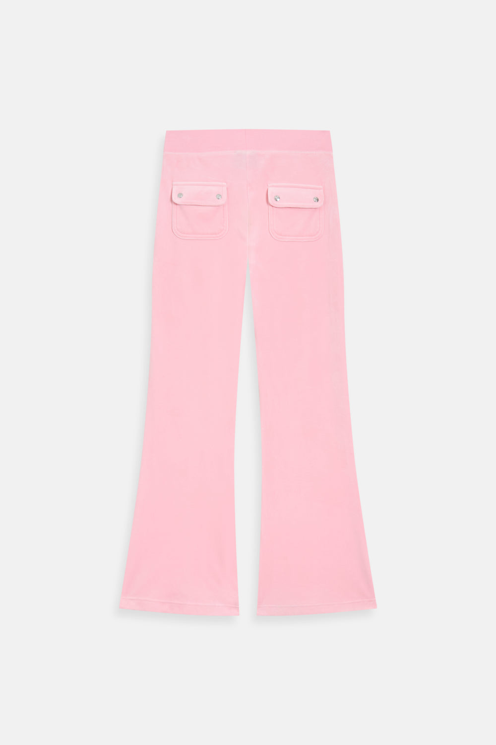 Displays the Juicy Pink 'Juicy' branded low rise flare classic velour track pant 