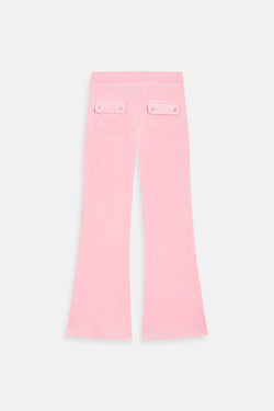 Displays the Juicy Pink 'Juicy' branded low rise flare classic velour track pant 