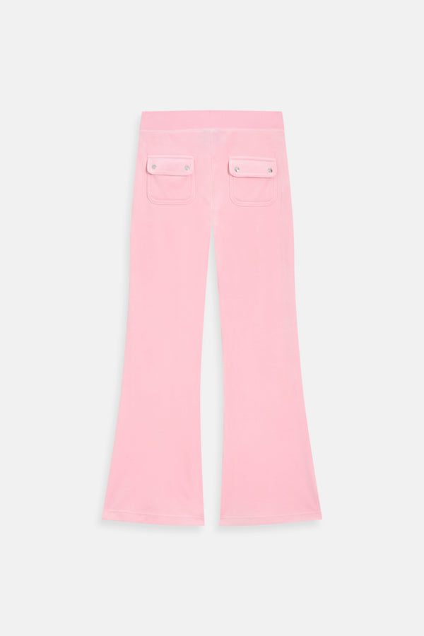 Displays the Juicy Pink 'Juicy' branded low rise flare classic velour track pant 