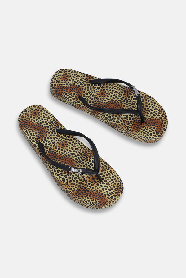 Displays the Leopard Print 'Juicy' branded platform flip flop 