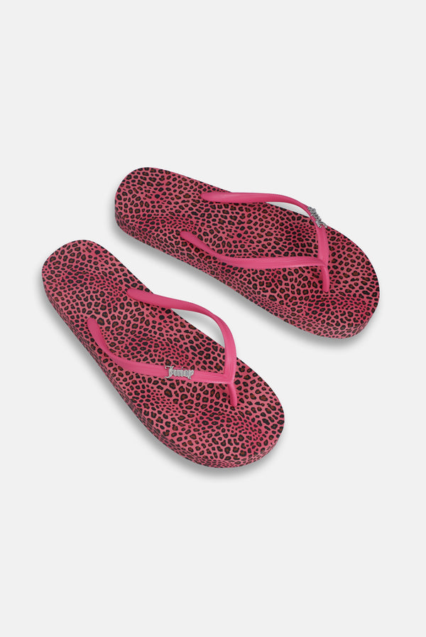 Displays the Pink Cheetah Print 'Juicy' branded platform flip flop 