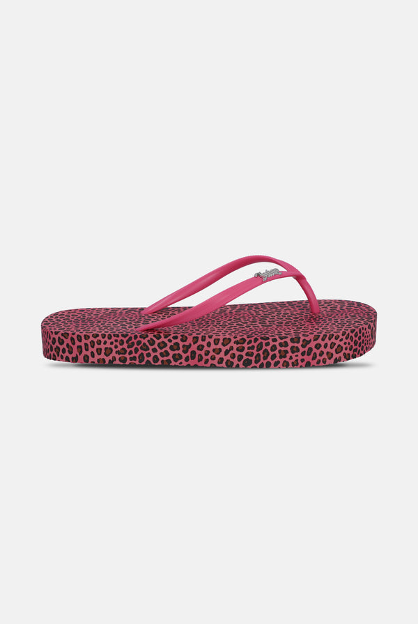 Displays the Pink Cheetah Print 'Juicy' branded platform flip flop 