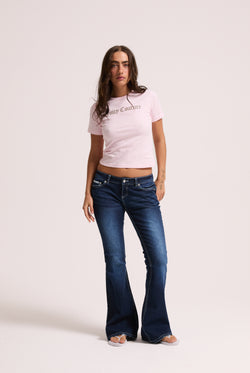 Displays a model wearing cherry blossom leopard 'Juicy' branded logo baby tee