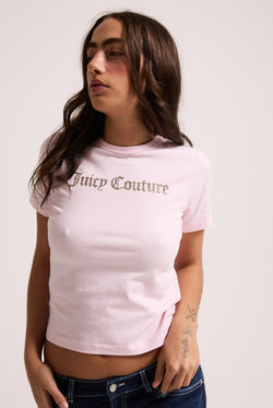 Displays a model wearing cherry blossom leopard 'Juicy' branded logo baby tee