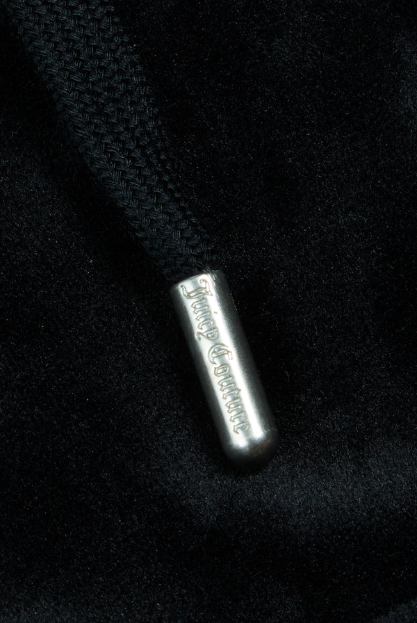 Displays the Black 'Juicy' branded 'LEO' Diamanté velour zip through hoodie featuring the juicy branding 