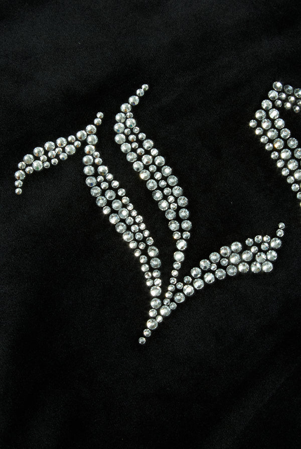 Displays the Black 'Juicy' branded 'LEO' Diamanté velour zip through hoodie featuring the Leo branding 