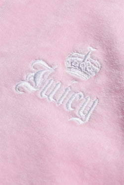 Displays the Cherry Blossom 'Juicy' branded Live For Juicy Puff Sleeve Hoodie featuring the details on the juicy couture branding 