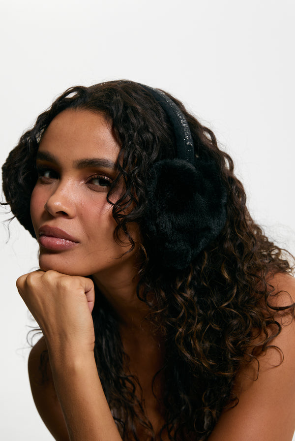 Black Long Fur Heart Shape Ear Muffs
