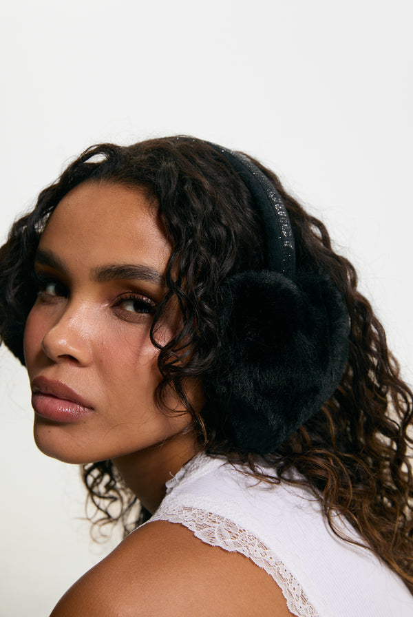 Black Long Fur Heart Shape Ear Muffs