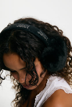 Displays a model wearing the Black 'Juicy' branded Long Fur Heart Shape Ear Muffs