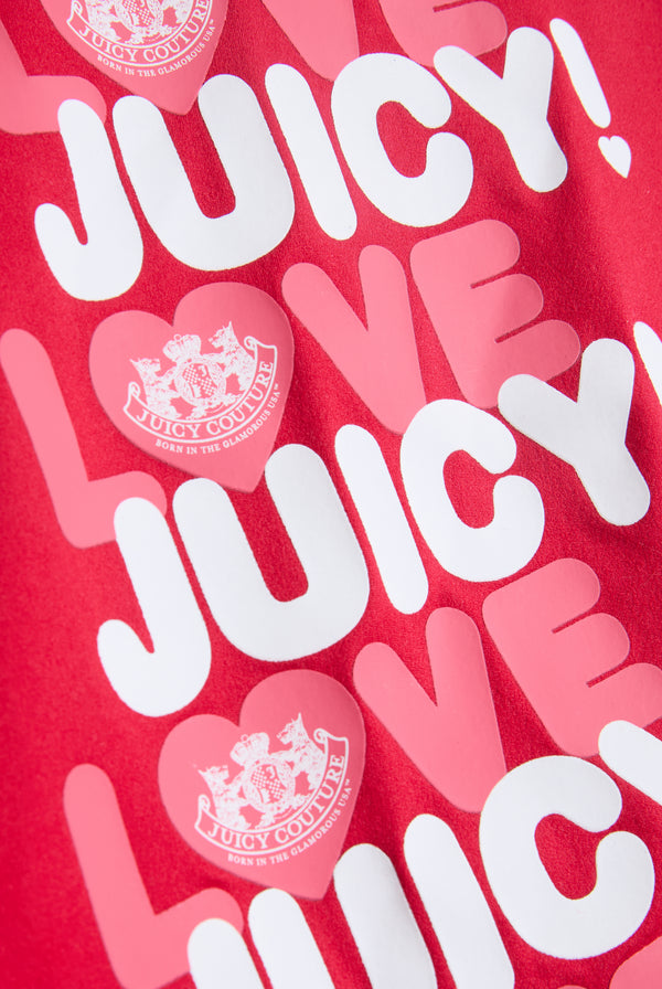 Displays the Toreador 'Juicy' branded Love Juicy vest and short PJ set featuring the love juicy branding 