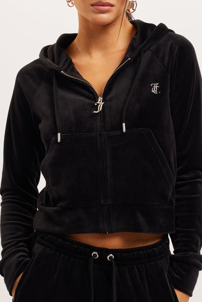 BLACK DIAMANTÉ VELOUR ZIP-THROUGH HOODIE