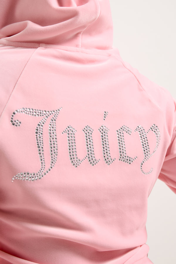Displays the juicy pink 'juicy' branded diamanté velour zip-through hoodie featuring the juicy banding 