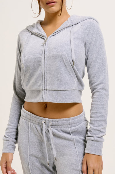 SILVER MARL DIAMANTÉ COTTON VELOUR ZIP-THROUGH HOODIE