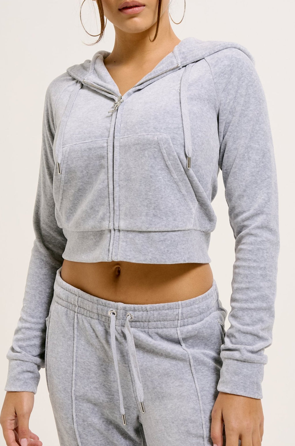 SILVER MARL DIAMANTÉ COTTON VELOUR ZIP-THROUGH HOODIE
