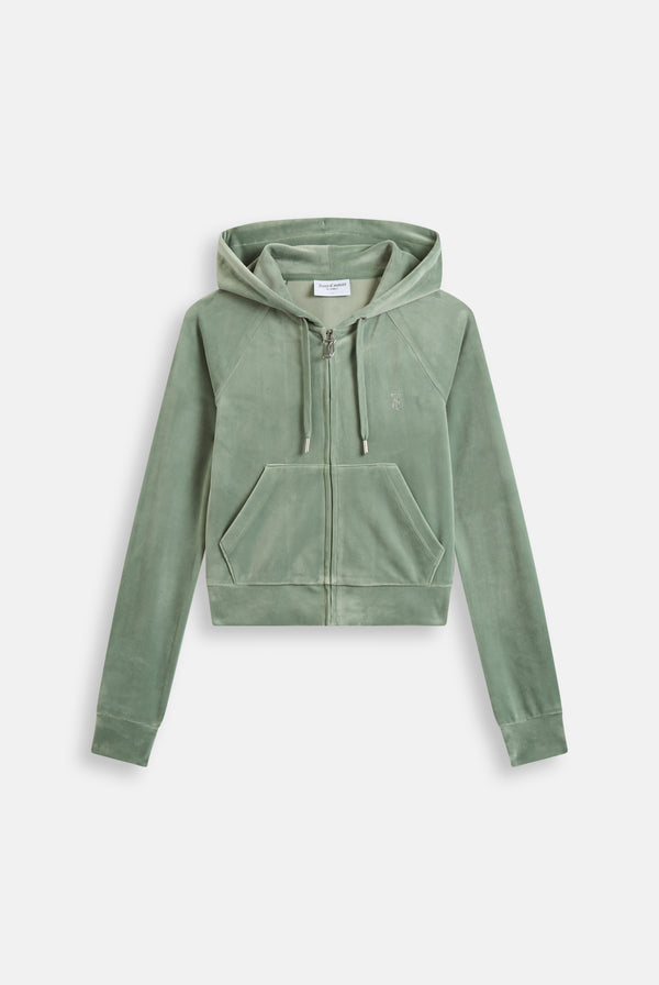 Displays the Chinois Green 'Juicy' branded diamanté velour zip-through hoodie 