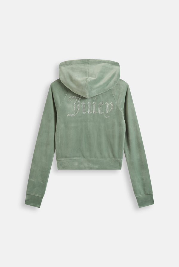 Displays the Chinois Green 'Juicy' branded diamanté velour zip-through hoodie 