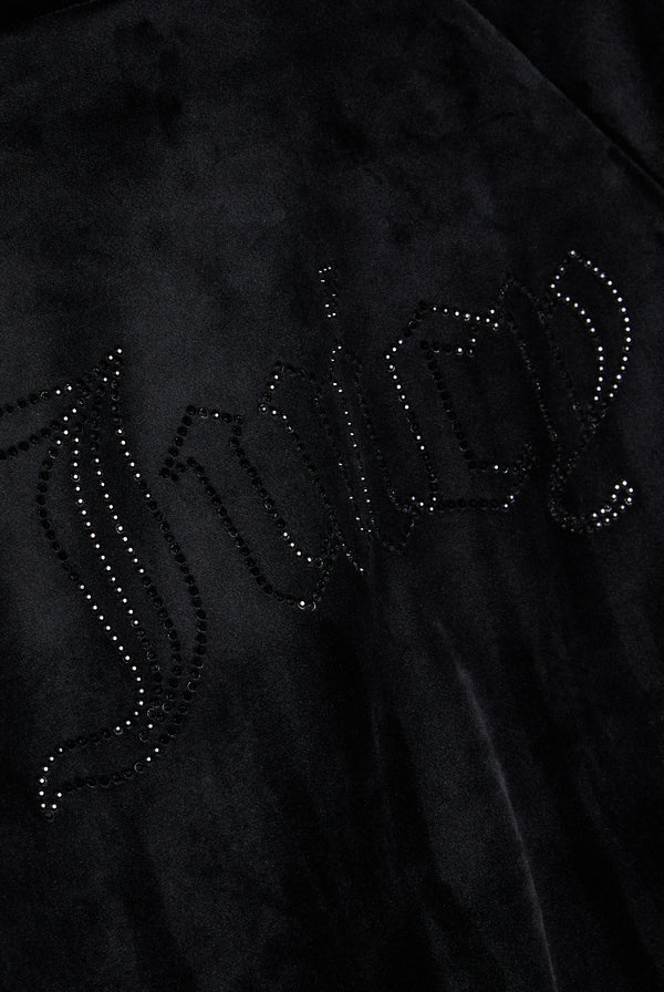 Displays the Black 'Juicy' branded outline diamanté velour zip-through hoodie featuring the juicy branding