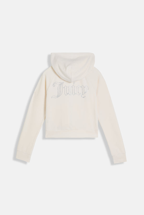 Displays the cream 'juicy' branded cream outline diamanté velour zip-through hoodie 