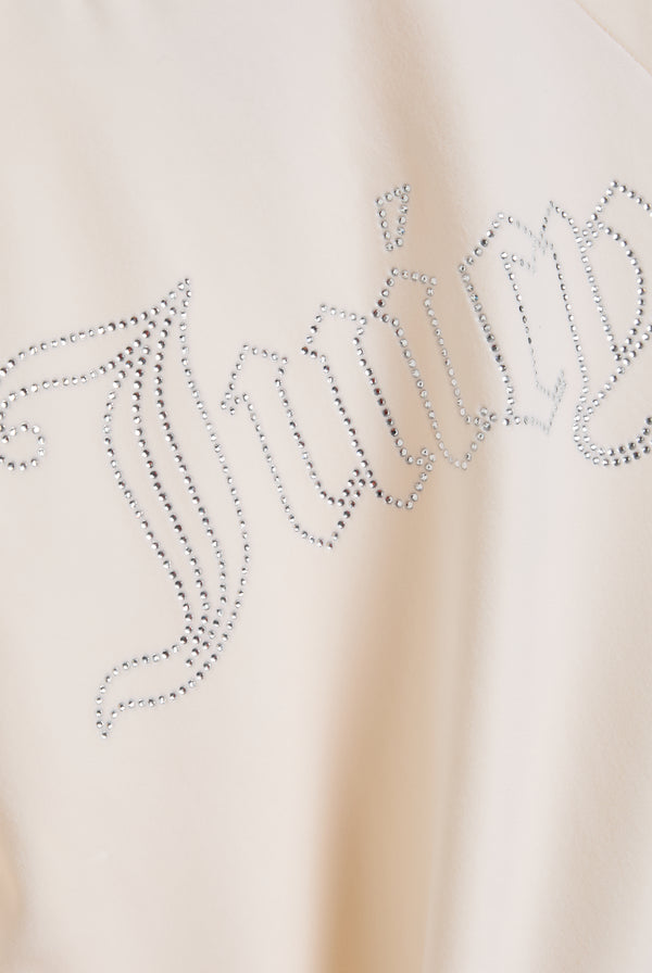 Displays the cream 'juicy' branded cream outline diamanté velour zip-through hoodie featuring the juicy logo