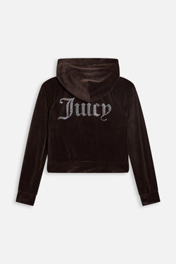 Displays the Java 'Juicy' branded Diamanté Velour Zip-Through Hoodie