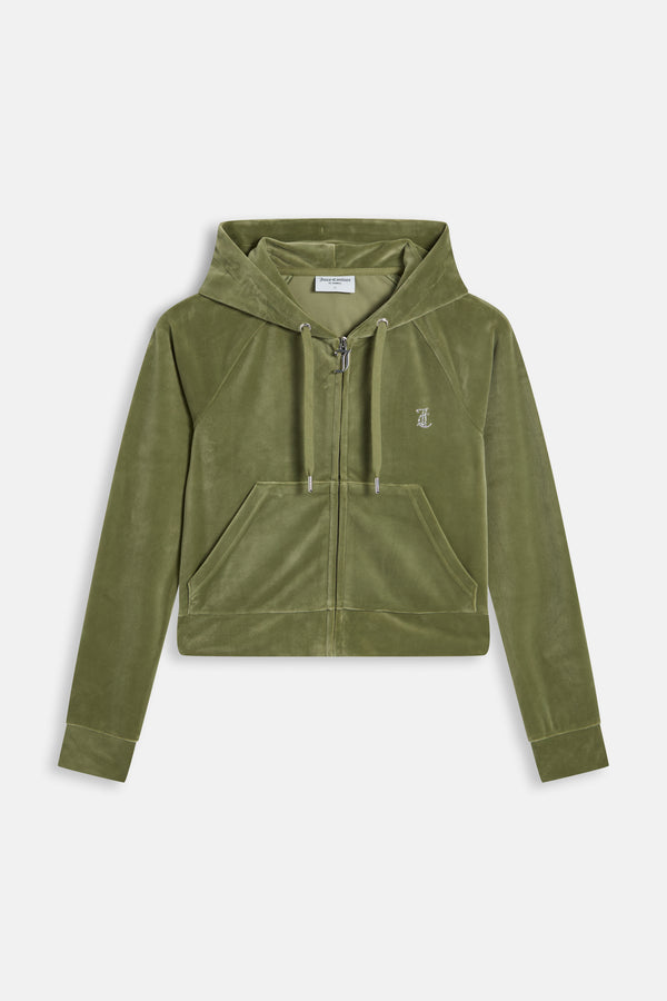 Displays the Oil Green 'Juicy' branded Diamanté Velour Zip-Through Hoodie