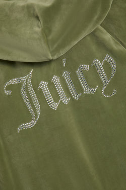Displays the Oil Green 'Juicy' branded Diamanté Velour Zip-Through Hoodie featuring the juicy branding