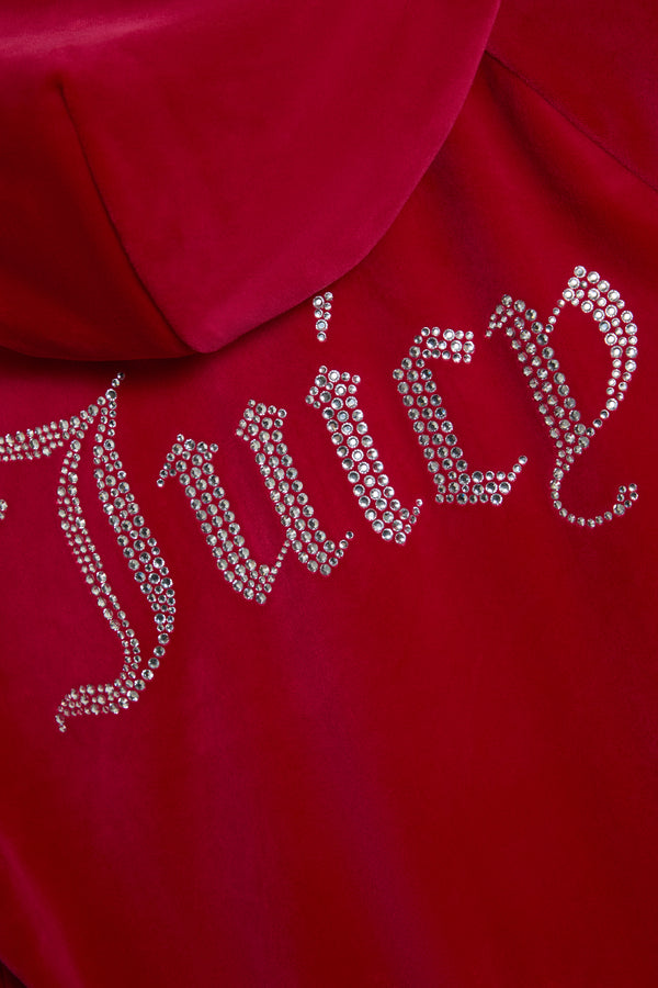 Displays the Persian Red 'Juicy' branded Diamanté Velour Zip-Through Hoodie featuring the juicy branding