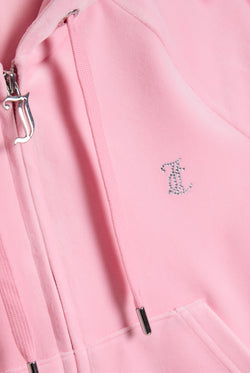 Displays the juicy pink 'juicy' branded diamanté velour zip-through hoodie featuring the juicy logo