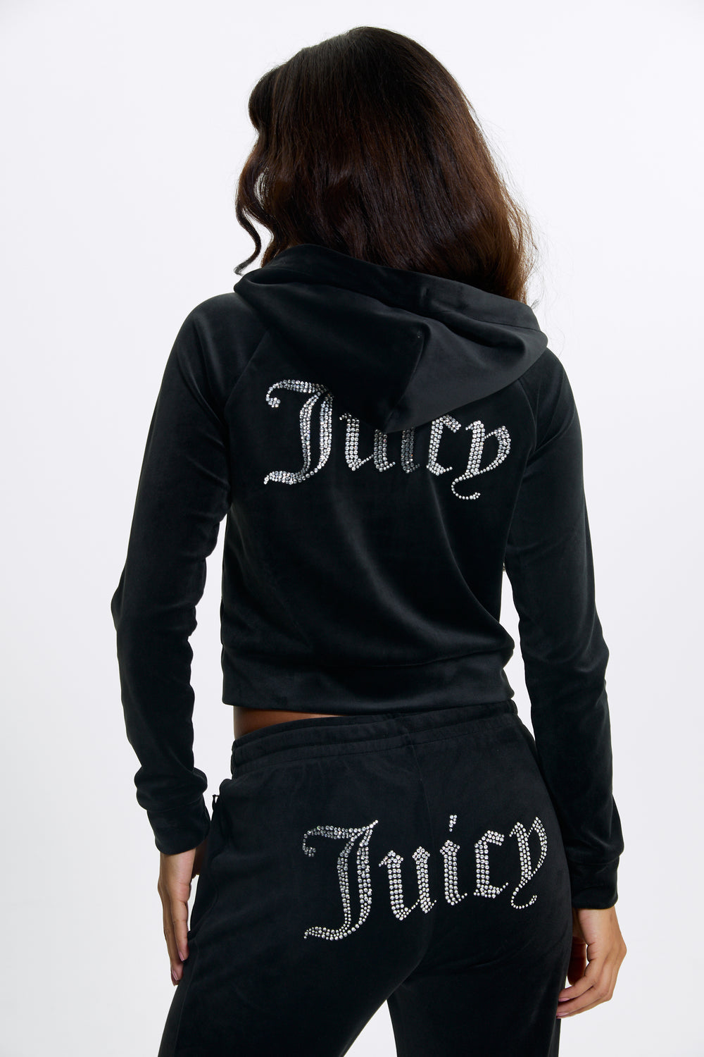 BLACK DIAMANTÉ VELOUR ZIP-THROUGH HOODIE