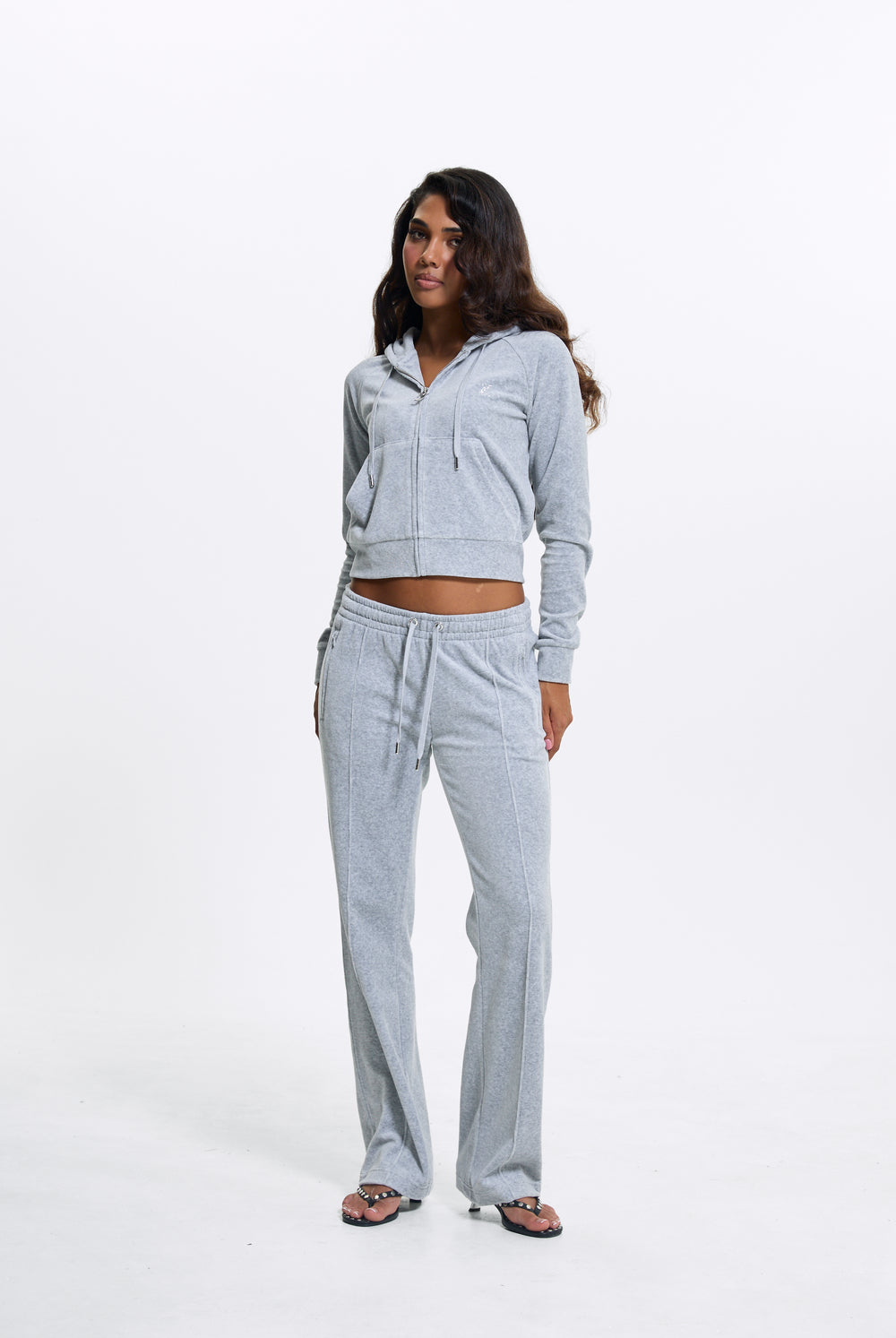 SILVER MARL DIAMANTÉ COTTON VELOUR ZIP-THROUGH HOODIE