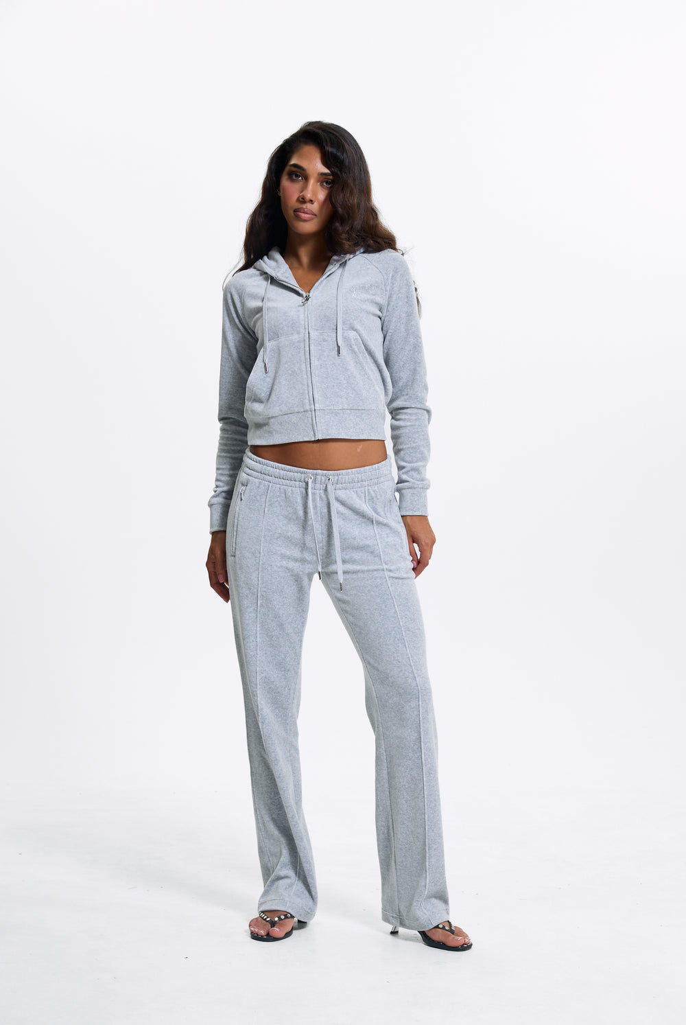 SILVER MARL COTTON VELOUR DIAMANTÉ TRACKSUIT BOTTOM