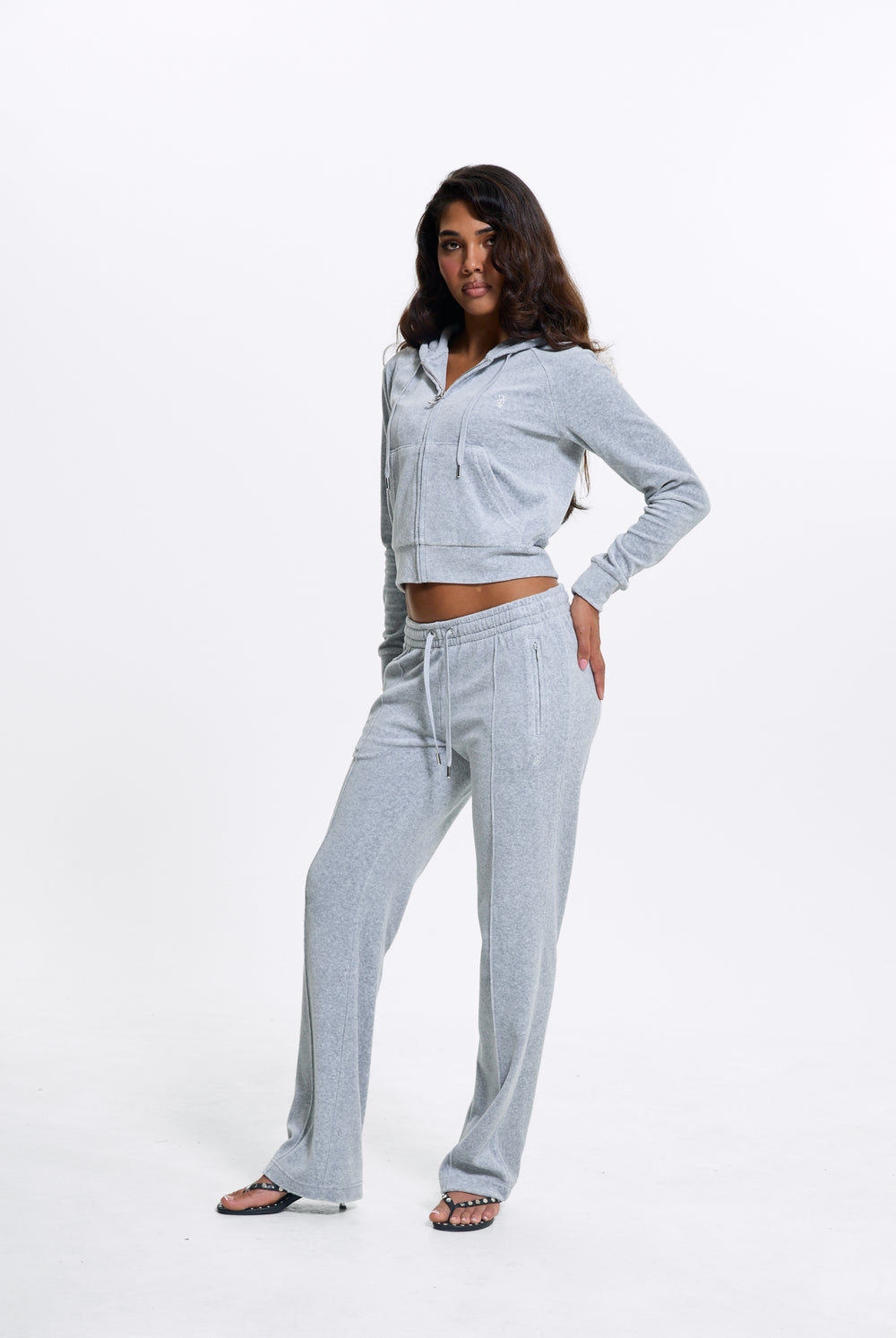 SILVER MARL DIAMANTÉ COTTON VELOUR ZIP-THROUGH HOODIE